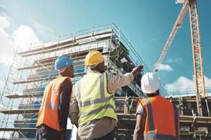 engineering, construction site and team outdoor for building project, planning and architecture